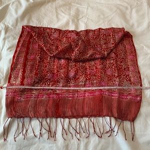 Beautiful long red and pink floral silk scarf.
